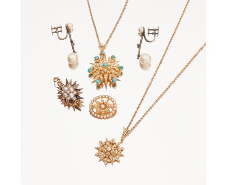 A collection of pearl set jewellery to include an oval pearl set brooch, unmarked; a pearl, diamond and enamelled star pendan