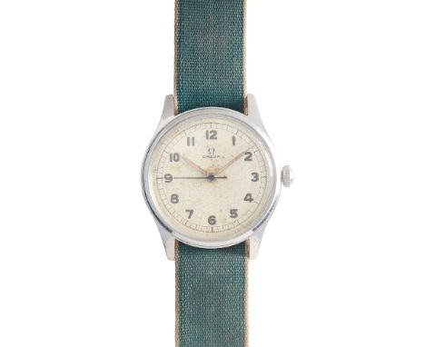 Omega: A gentleman's wrist watch early 1940s, stainless steel case, manual wind movement, round dial with Arabic numerals in 