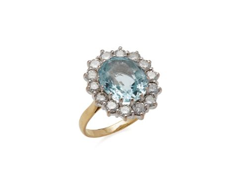 An aquamarine and diamond set cluster ring claw set with an oval mixed-cut aquamarine, in a border of fourteen round brillian