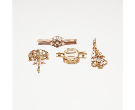 A collection of Edwardian gem-set jewellery to include a seed pearl and peridot set brooch, stamped 9CT; together with a citr