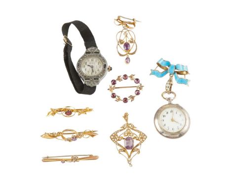 An amethyst set brooch, Murle Bennet open scrolling form, millegrain set with an oval-cut amethyst, suspending another simila