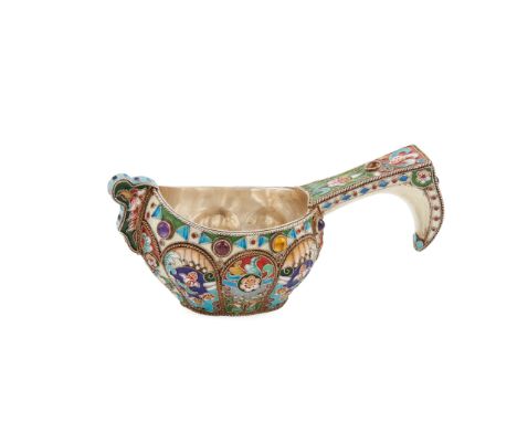 A Russian silver-gilt and cloisonné enamel kovsch bearing marks WO, 84 standard, of traditional form with rope twist borders,