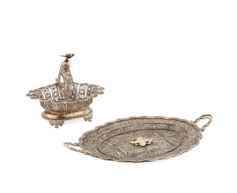 A 19th Century European twin handled tray possibly Portuguese, filigree work to the base, gilt centre, with simple scroll; to