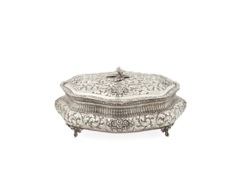 A European table box and cover marked 800, of shaped oval outline with hinged lid, squat baluster form with chased foliate de