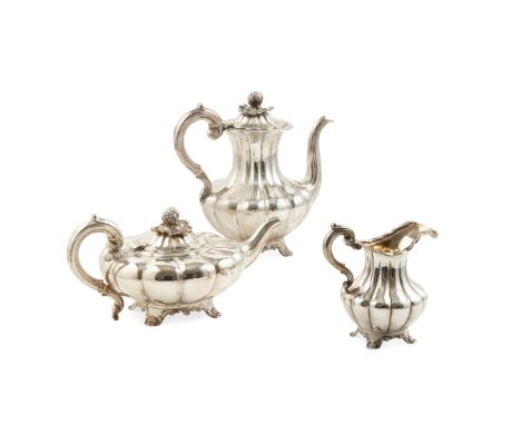 Y A Victorian three piece part tea service John James Keith, London 1859, comprising coffee pot, teapot and milk jug of melon