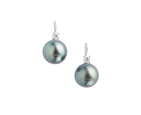 A pair of black pearl and diamond set pendant earrings each claw set with a round brilliant-cut diamond above a single black 