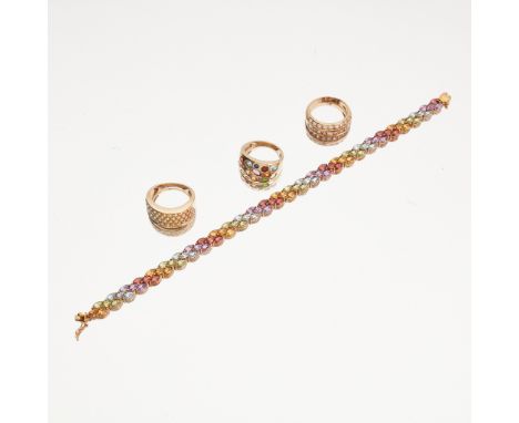 A collection of coloured sapphire set jewellery a 9ct gold multi-coloured marquise-cut sapphire bracelet; a 9ct gold orange, 