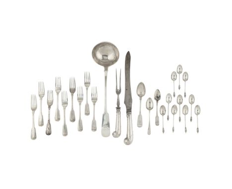 A George IV Irish soup ladle and other Irish flatware Thomas Farnett, Dublin 1823, retailer's mark for W. Peter, of Fiddle pa