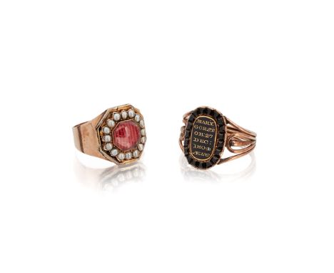 Two mourning rings the first with enamelled black plaque for 'Mary Grost OB: 27 Dec 1804 AE: 66' in a facetted onyx border, s