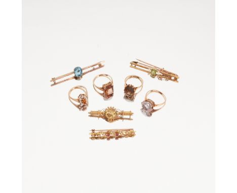 A collection of gem-set jewellery to include a 9ct gold smokey quartz set ring, a 9ct gold fire-opal and pearl set cluster ri