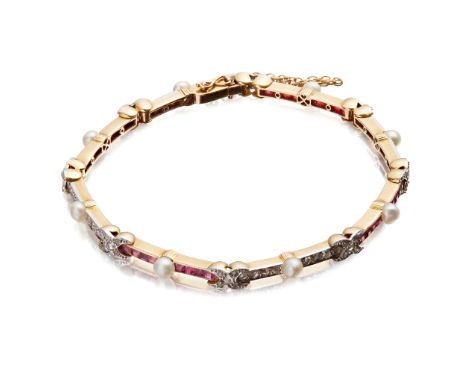 A diamond, ruby and pearl set bracelet composed of alternating links each set with rose-cut diamonds and calibre-cut rubies a