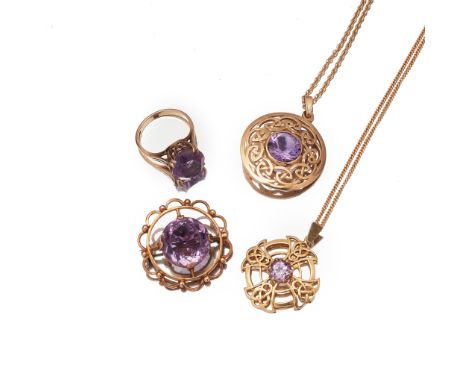 A collection of amethyst jewellery to include two 9ct gold Celtic style amethyst set pendants, each to 9ct gold trace-link ch