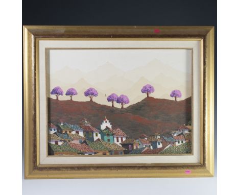 DESCRIPTION: Signed oil on panel painting depicting a city-scape with vibrantly colored roof tiles and a hillside mountainous