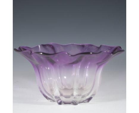DESCRIPTION: Amethyst crystal bowl. Features a ridged wave form lid, with a rich amethyst hue along the top that fades to cle