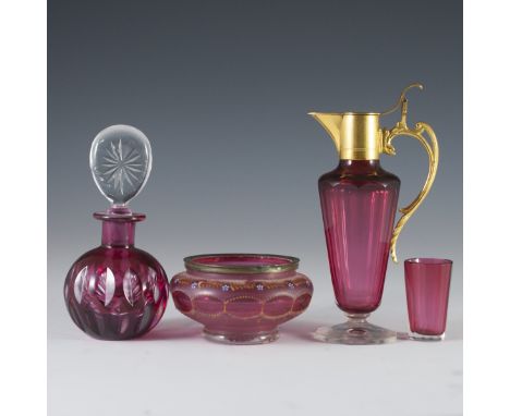 DESCRIPTION: Cranberry glass assortment comprising of: an ashtray frosted glass accents and enameled floral motif, a small pe