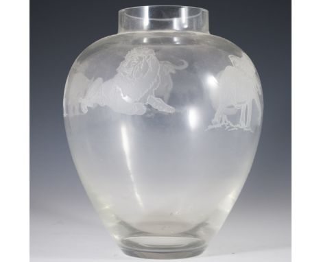 DESCRIPTION: A Perry Coyle glass vase titled:"Big Five". Features etched glass renderings of tigers, elephants, lions, Rhinos