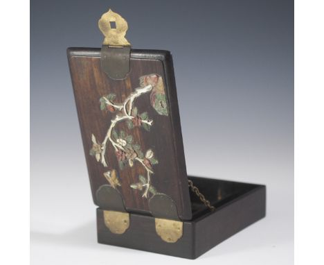 DESCRIPTION: Chinese wooden jewelry box. Features mother of pearl and soapstone branches with blooming flowers and brass hing