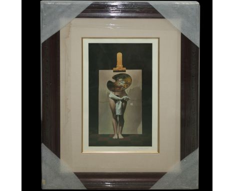 DESCRIPTION:Framed lithograph by Santiago Carbonell. Features a depiction of a partially nude woman's legs topped by a paint 