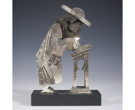 DESCRIPTION: Frank Meisler sculpture titled:"Rabbin En Priere" or "Rabbi in Prayer". Features a Rabbi concentrating on his pr
