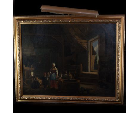 DESCRIPTION:This Oil on Canvas Painting Depicting the Interior of a Barn, A water well and animals surrounding a family. Warm