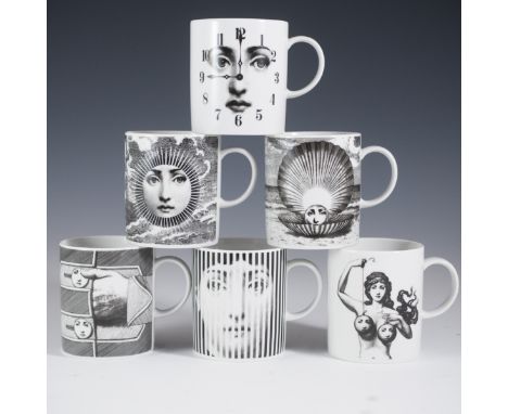 DESCRIPTION: Piero Fornasetti for Rosenthal porcelain mugs. Features elaborate illustrations by the artist in black and white