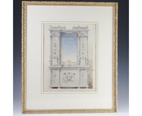 DESCRIPTION: Antique watercolor of an ornate Rococo style server commode. Intricately detailed and ornate shadowing. On paper