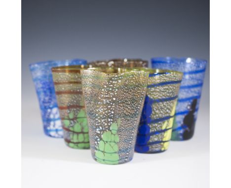 DESCRIPTION: Handblown Murano glass cups. Features obtuse form with folds and asymetric designs. Finished with multiple hues 