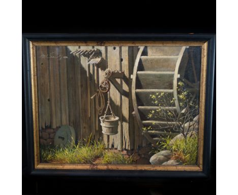 DESCRIPTION: Oil on canvas painting by Arthur Sarnoff. Depicts a rustic frontier scene of the side of a barn with hanging plo