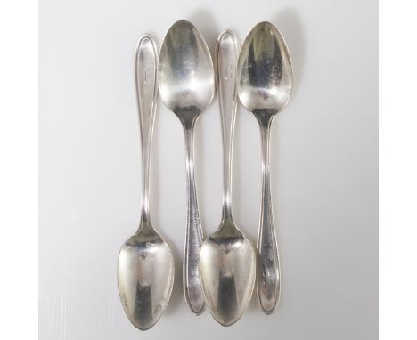 DESCRIPTION: Set of four R. Wallace & Sons sterling spoons. Features a simple polished design with a "B" monogram in calligra