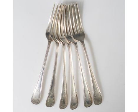 DESCRIPTION: Set of 6 Gorham sterling dinner forks. Features engraved design of a wreath topped by a tied bow and marked with