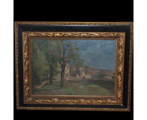 DESCRIPTION:Oil on panel painting attributed to French artist Paul Cezanne. Illustrates a landscape scene in the manner of Ce
