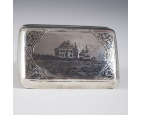 DESCRIPTION: Russian silver niello case by silversmith Egorov Aleksandr Sergeev. Features an engraved village atop a hill sce
