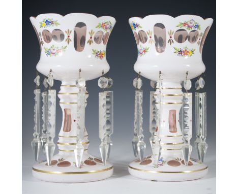 DESCRIPTION: Pair of Bohemian glass lustres embellished with a light pink hue and handpainted floral designs with clear glass