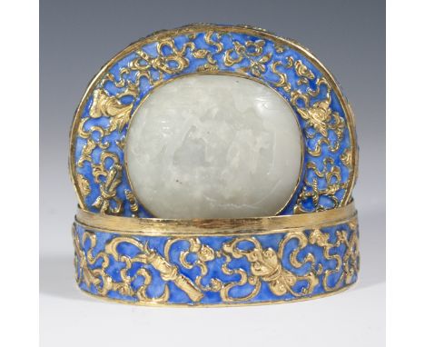 DESCRIPTION: Chinese brass box comprised of a light blue enamel background along with repousse gilded swords, scrolls, moths,