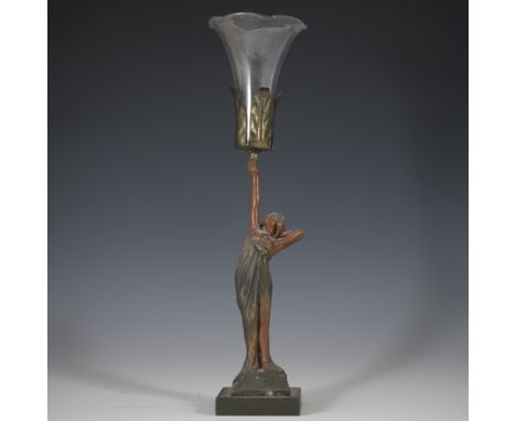 DESCRIPTION: Art Nouveau mixed metal vase. Features a woman standing atop a platform, holding a glass vase wrapped in leaves 