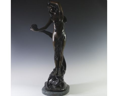 DESCRIPTION:Bronze by French sculptor Emmanuel Villanis. Features a nude woman draped in lavish garbs. She is seen standing o