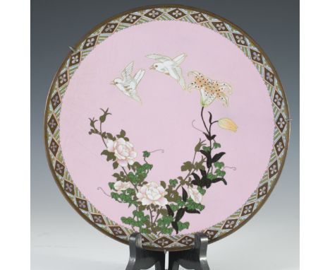 DESCRIPTION: Japanese antique enameled cloisonne plate. Features lavish lavender and turquoise floral designs decorating the 