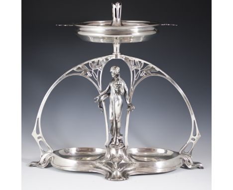 DESCRIPTION: Art Nouveau silverplated centerpiece. Features a top bowl with a pertruding stem for a glass vase(Missing) and t