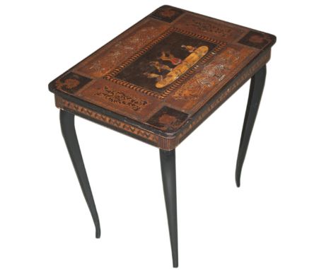 DESCRIPTION:Antique wooden inlaid marquetry jewelry table. Features inlaid wooden handpainted renderings of figures dancing t