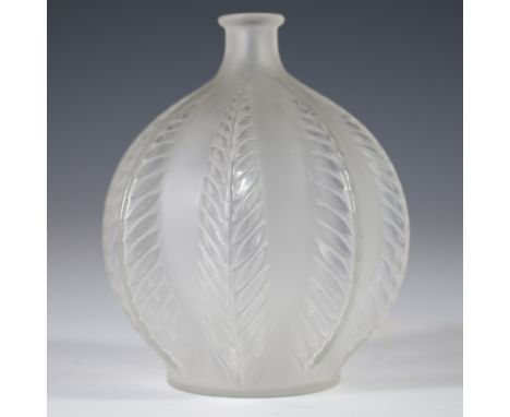 DESCRIPTION: Rene Lalique "Malines" vase. Embellished with a bulbous shape and arching palm fronds extending from the bottom,