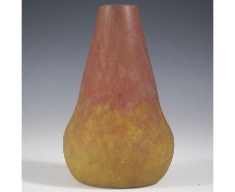 DESCRIPTION: Pate de verre Daum Nancy vase featuring a pear shape and yellow, red, and amber hues. Incised signature marked:"