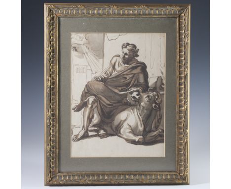 DESCRIPTION: Antique drawing on paper feeaturing a rendering of an Evangelical Luke resting atop an ox, backed by structures 