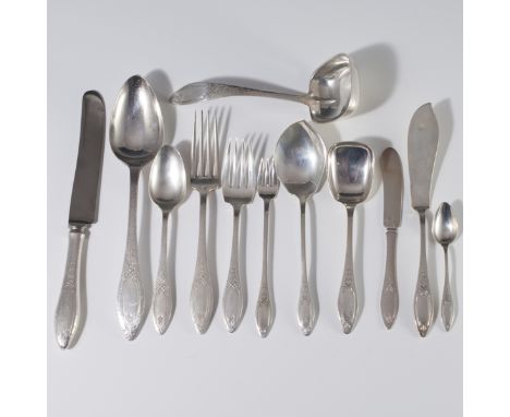 DESCRIPTION: Sterling flatware set comprised of the following: 13 pickle forks, 12 spoons, 12 dinner knives, 12 salad forks, 