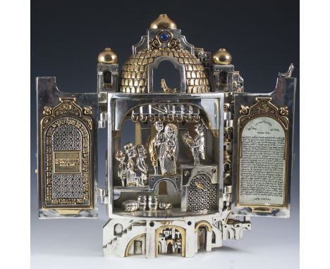 DESCRIPTION: Frank Meisler wall Ketuvah mount. Features a two tone, silvered, and gilded design of Jerusalem with golden topp