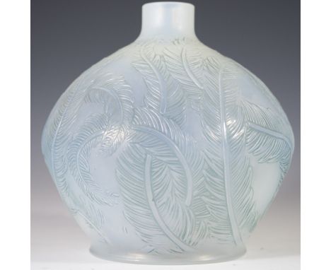 DESCRIPTION: Rene Lalique "Plumes" opalescent crystal vase. Features a rich opal blue hue with embossed spiraling feather des