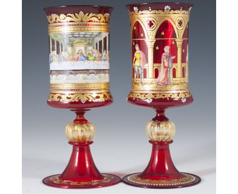 DESCRIPTION: Handpainted Venetian glass wine goblets. Features renderings of classical scenes of a a man courting a woman, wi