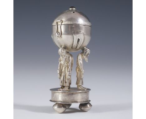 DESCRIPTION: Konstantin Lakovlevich Pets .875 silver Judaica besamim spice tower, Features four Rabbinical figures holding up
