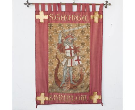 DESCRIPTION: A St. George's crusader flag bearing the villiage name:"Thriplow". Features the Saint, dressed in lavish and reg