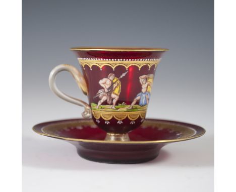 DESCRIPTION: Handpainted Venetian glass teacup and saucer. Features renderings of soldiers fighting eachother in a field, on 