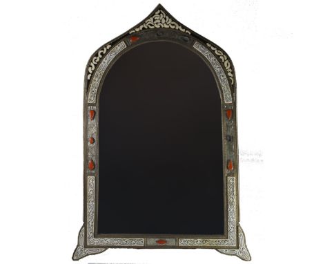 DESCRIPTION: Morroccan mirror featuring inlaid mosaic oriental motif along with cabochons set atop silvered metal sheets. Fin